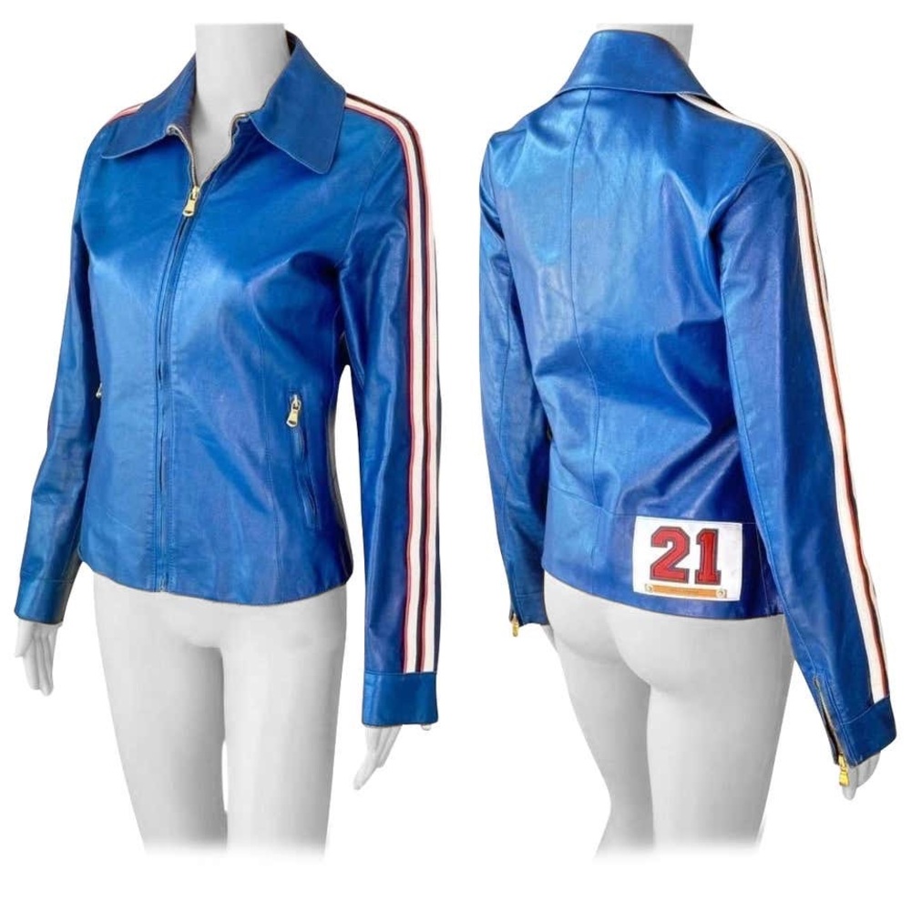 Dolce & Gabbana Blue Leather Jacket with Red Stripes motorcycle